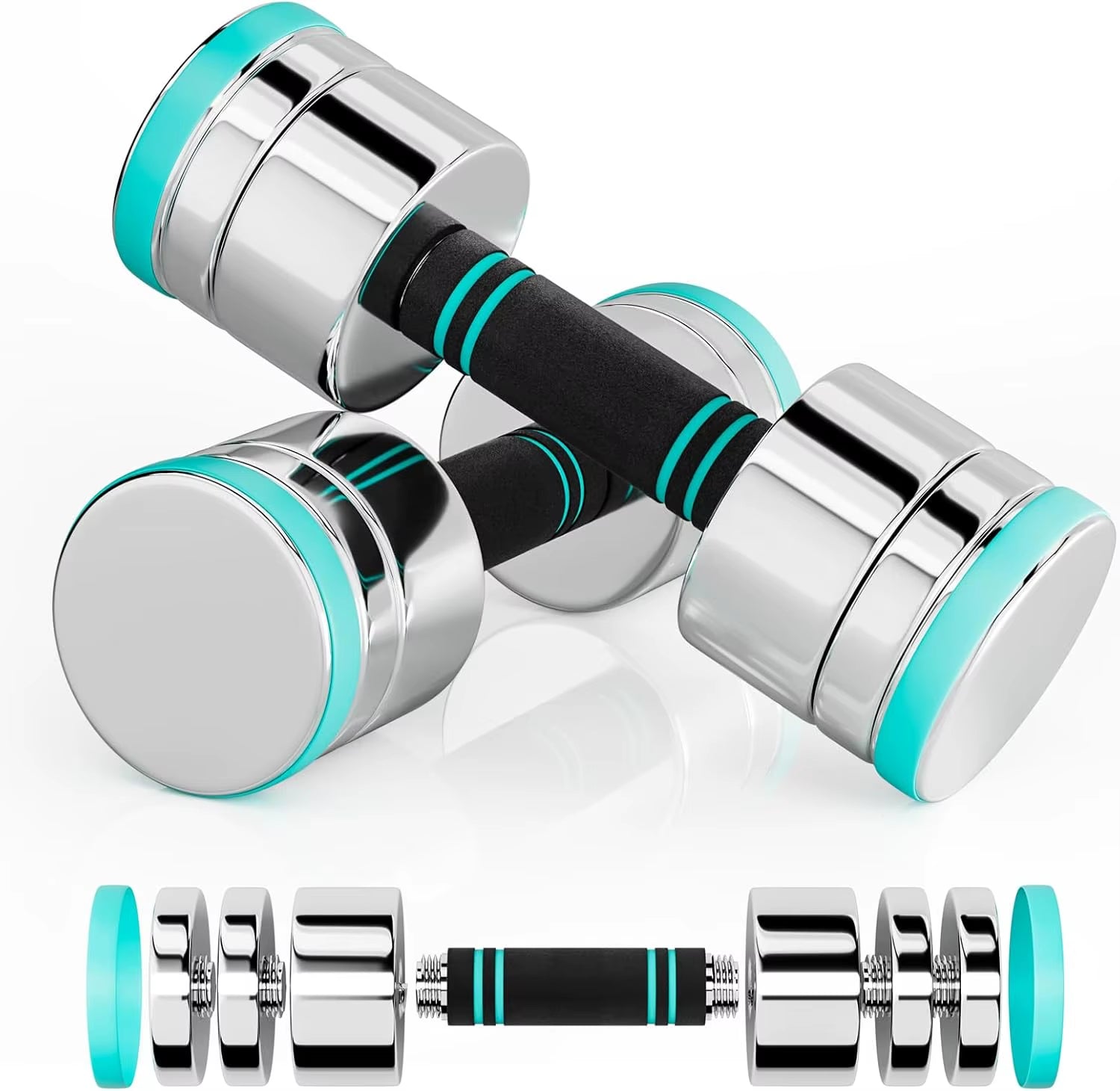 Electroplated Stainless Steel Dumbbells - Dumbbell Set of 2 Ultra Compact Adjustable 5 Kg 10 Kg with Foam Handle - Fitness