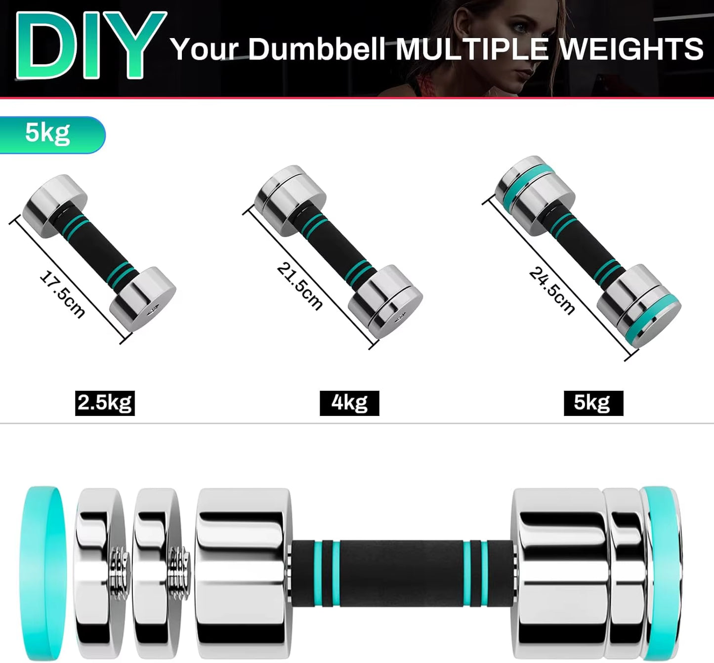 Electroplated Stainless Steel Dumbbells - Dumbbell Set of 2 Ultra Compact Adjustable 5 Kg 10 Kg with Foam Handle - Fitness