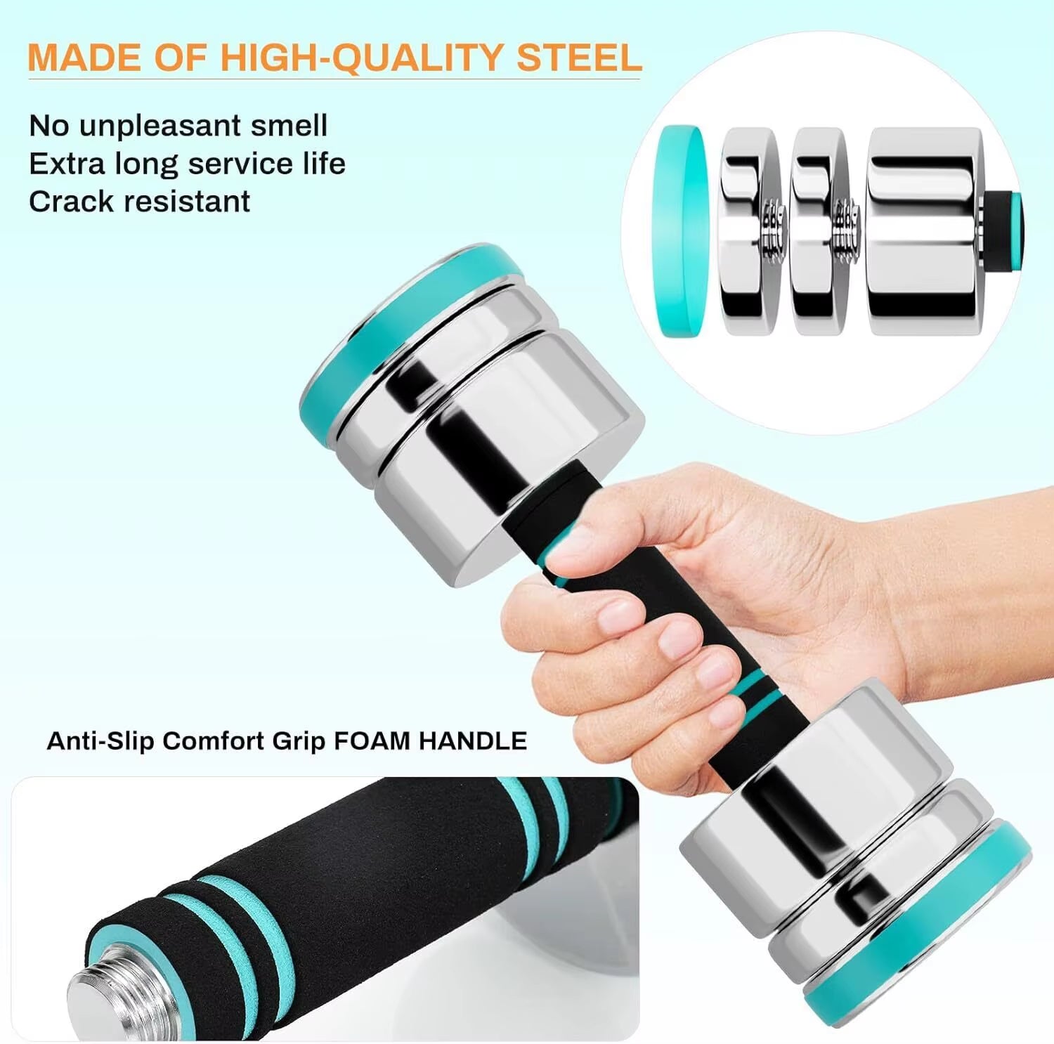Electroplated Stainless Steel Dumbbells - Dumbbell Set of 2 Ultra Compact Adjustable 5 Kg 10 Kg with Foam Handle - Fitness