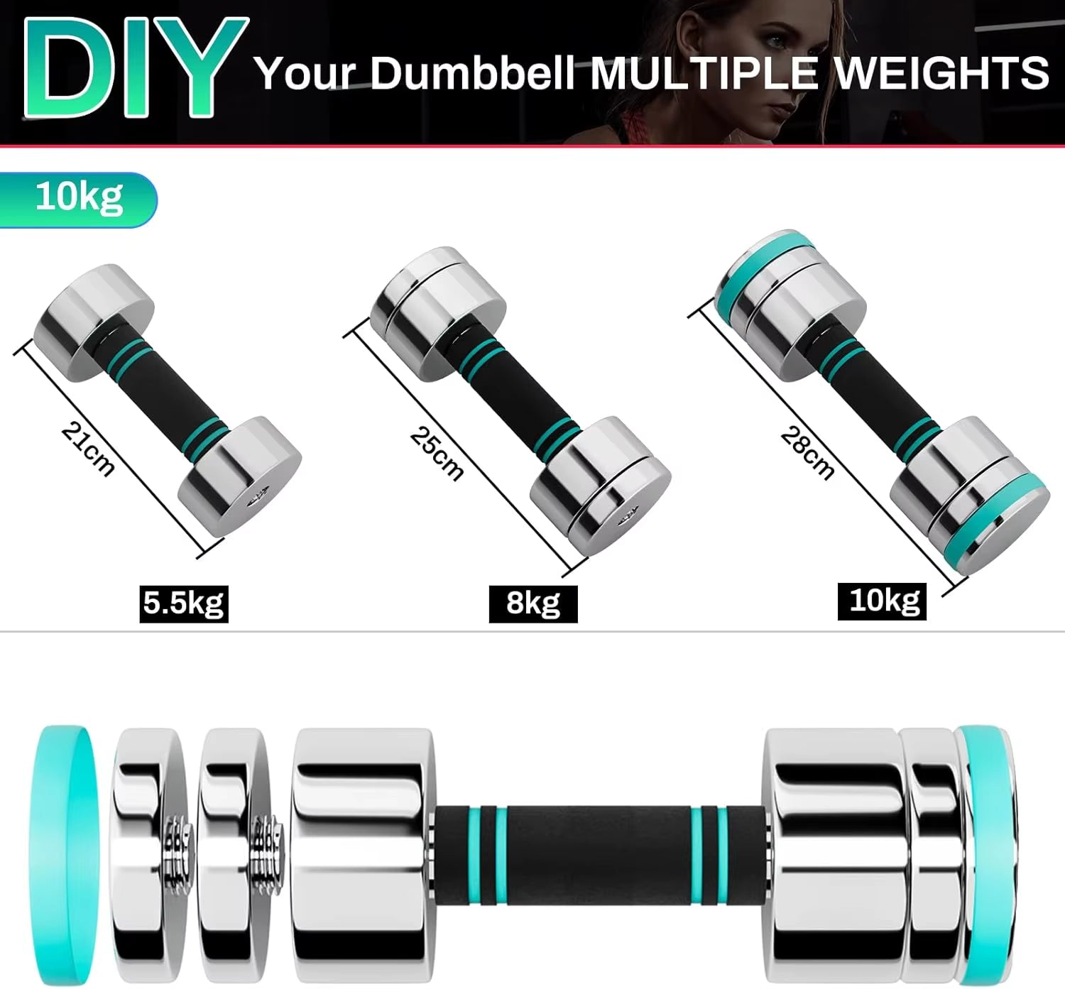 Electroplated Stainless Steel Dumbbells - Dumbbell Set of 2 Ultra Compact Adjustable 5 Kg 10 Kg with Foam Handle - Fitness